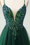 Glitter Dark Green A-Line Sequined V Neck Cocktail Dress with Appliques