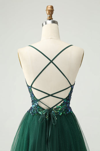 Glitter Dark Green A-Line Sequined V Neck Cocktail Dress with Appliques