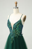 Glitter Dark Green A-Line Sequined V Neck Cocktail Dress with Appliques