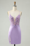 Glitter Purple V-Neck Tight Sequined Cocktail Dress with Appliques