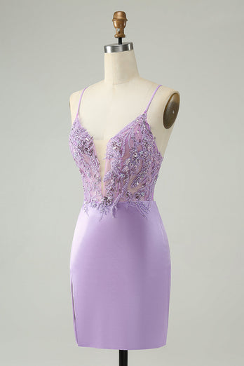 Glitter Purple V-Neck Tight Sequined Cocktail Dress with Appliques