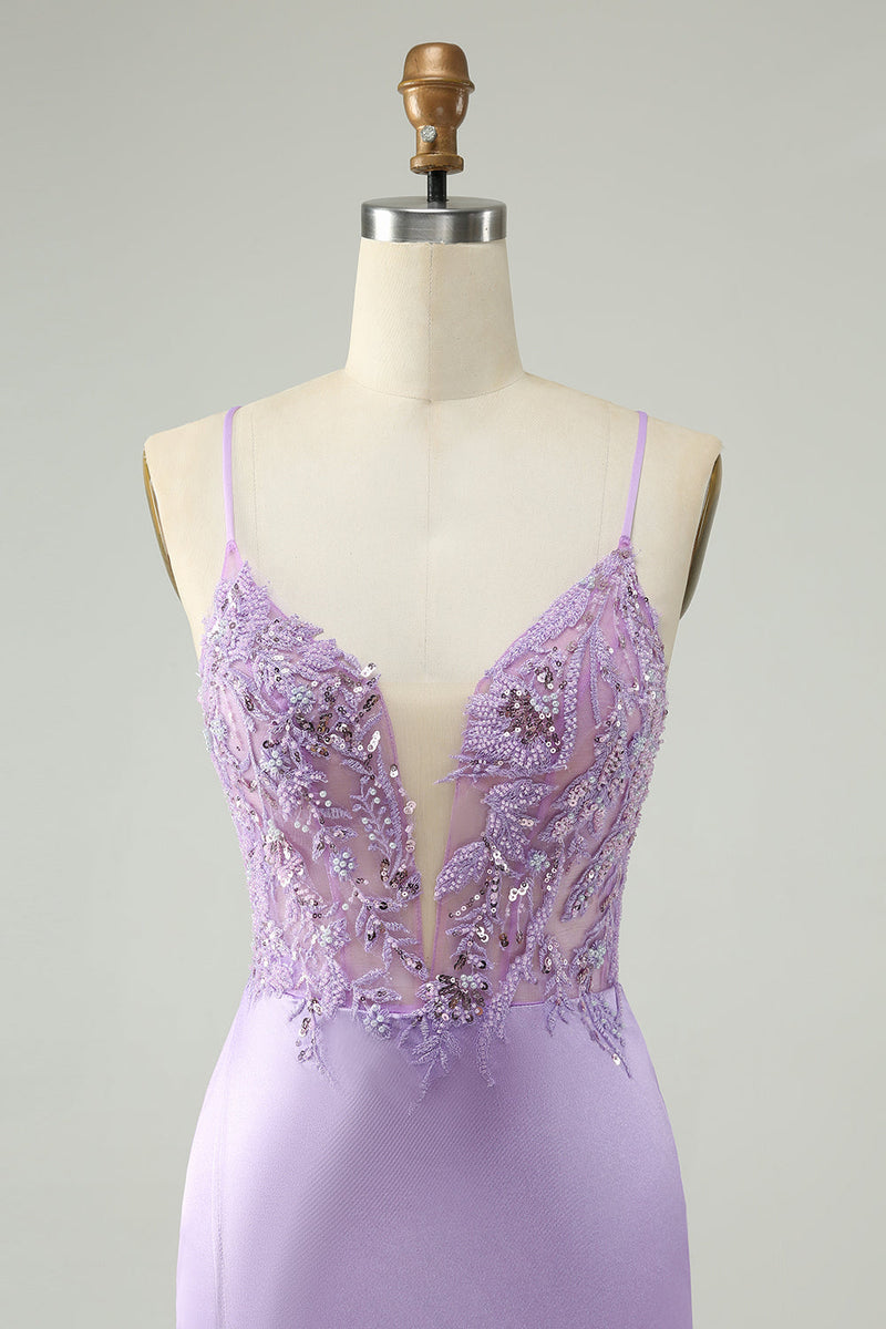 Load image into Gallery viewer, Glitter Purple V-Neck Tight Sequined Cocktail Dress with Appliques