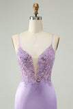 Glitter Purple V-Neck Tight Sequined Cocktail Dress with Appliques