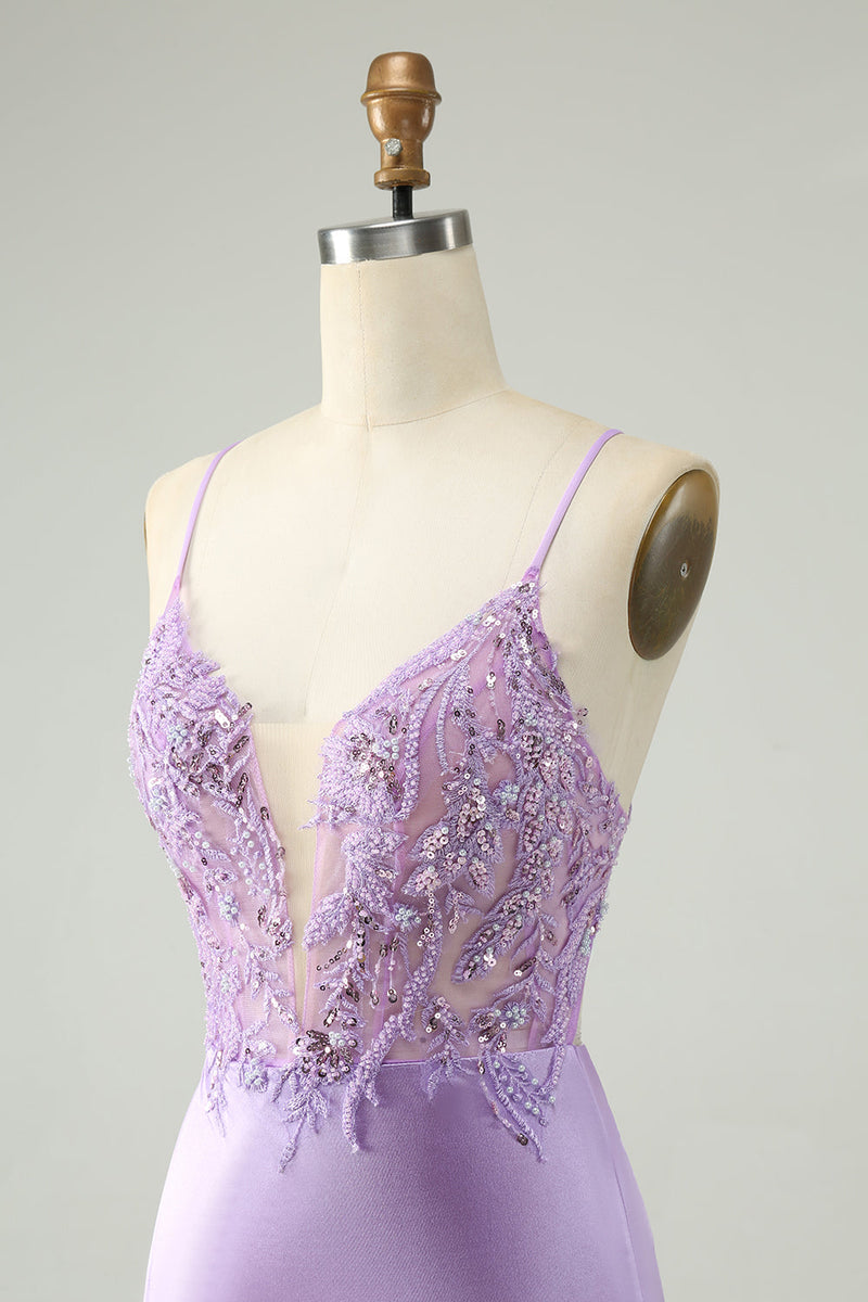 Load image into Gallery viewer, Glitter Purple V-Neck Tight Sequined Cocktail Dress with Appliques
