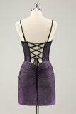 Dark Purple Spaghetti Straps Corset Glitter Short Homecoming Dresses