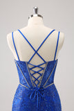 Sparkly Royal Blue Spaghetti Straps Corset Tight Homecoming Dress with Sequins