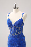 Sparkly Royal Blue Spaghetti Straps Corset Tight Homecoming Dress with Sequins