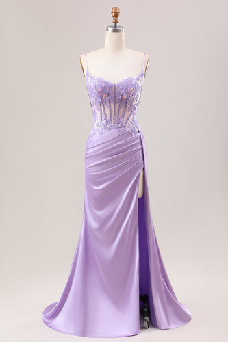 Stylish Lilac Mermaid Pleated Sequin Corset Long Formal Dress With Slit
