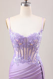 Stylish Lilac Mermaid Pleated Sequin Corset Long Formal Dress With Slit