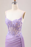 Stylish Lilac Mermaid Pleated Sequin Corset Long Formal Dress With Slit