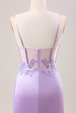 Stylish Lilac Mermaid Pleated Sequin Corset Long Formal Dress With Slit