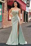 Stylish Sage Mermaid Pleated Sequin Corset Long Prom Dress With High Slit