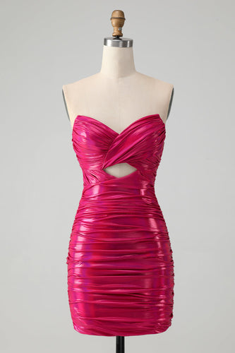 Chic Fuchsia Strapless Keyhole Pleated Tight Cocktail Dress