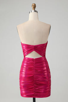 Chic Fuchsia Strapless Keyhole Pleated Tight Cocktail Dress