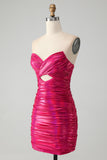 Chic Fuchsia Strapless Keyhole Pleated Tight Cocktail Dress