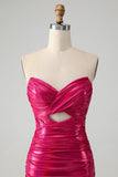 Chic Fuchsia Strapless Keyhole Pleated Tight Cocktail Dress