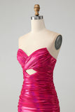 Chic Fuchsia Strapless Keyhole Pleated Tight Cocktail Dress