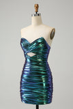 Sparkly Teal Blue Bodycon Sweetheart Ruched Short Cocktail Dress