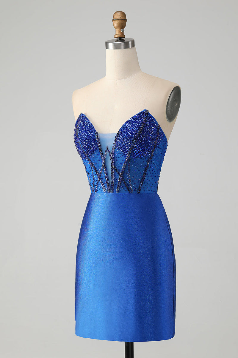 Load image into Gallery viewer, Sparkly Royal Blue Bodycon Strapless Cocktail Dress with Beading