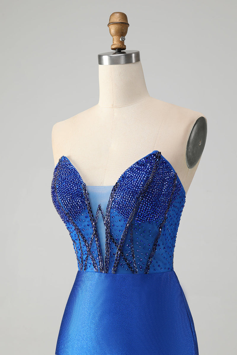 Load image into Gallery viewer, Sparkly Royal Blue Tight Strapless Short Cocktail Dress with Beading