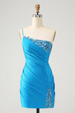 Blue Bodycon One Shoulder Ruched Satin Cocktail Dress with Sequins