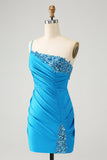 Blue Bodycon One Shoulder Ruched Satin Cocktail Dress with Sequins