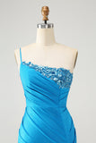 Blue Bodycon One Shoulder Ruched Satin Cocktail Dress with Sequins