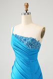 Blue Bodycon One Shoulder Ruched Satin Cocktail Dress with Sequins