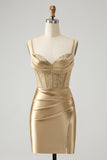 Golden Spaghetti Straps Bodycon Corset Satin Cocktail Dress with Slit