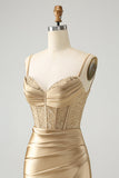 Golden Spaghetti Straps Bodycon Corset Satin Cocktail Dress with Slit