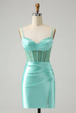 Light Green Spaghetti Straps Bodycon Corset Satin Cocktail Dress with Slit