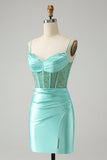 Light Green Spaghetti Straps Bodycon Corset Satin Cocktail Dress with Slit