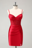 Bodycon Red Spaghetti Straps Corset Satin Cocktail Dress with Slit