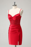 Bodycon Red Spaghetti Straps Corset Satin Cocktail Dress with Slit