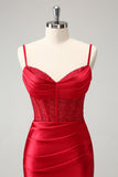 Stylish Red Bodycon Spaghetti Straps Corset Satin Cocktail Dress with Slit