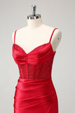 Stylish Red Bodycon Spaghetti Straps Corset Satin Cocktail Dress with Slit