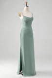 Spaghetti Straps Grey Green Mermaid Corset Bridesmaid Dress with Slit