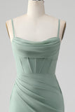 Spaghetti Straps Grey Green Mermaid Corset Bridesmaid Dress with Slit