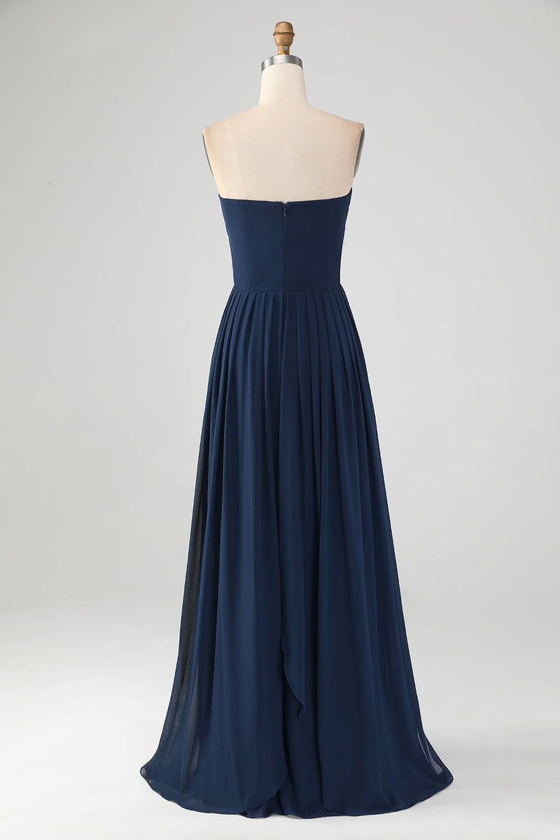 Load image into Gallery viewer, Navy A Line Sweetheart Pleated Long Bridesmaid Dress