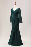 Glitter Dark Green Mermaid Chiffon Long Sleeves Mother of Bride Dress