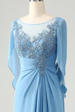 Saprkly Blue Mermaid Beaded Appliques Mother of Bride Dress with Shawl