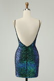 Sparkly Dark Green Spaghetti Straps Tight Short Cocktail Dress with Sequins