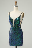 Sparkly Dark Green Spaghetti Straps Tight Short Cocktail Dress with Sequins