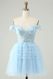 Light Blue A Line Off The Shoulder Corset Short Cocktail Dress