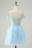 Light Blue A Line Off The Shoulder Corset Short Cocktail Dress