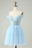 Light Blue A Line Off The Shoulder Corset Short Cocktail Dress