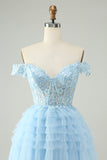 Light Blue A Line Off The Shoulder Corset Short Cocktail Dress