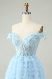 Light Blue A Line Off The Shoulder Corset Short Cocktail Dress