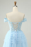 Light Blue A Line Off The Shoulder Corset Short Cocktail Dress