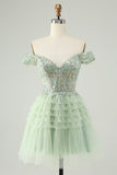 Sparkly Light Green A Line Off The Shoulder Corset Tulle Cocktail Dress